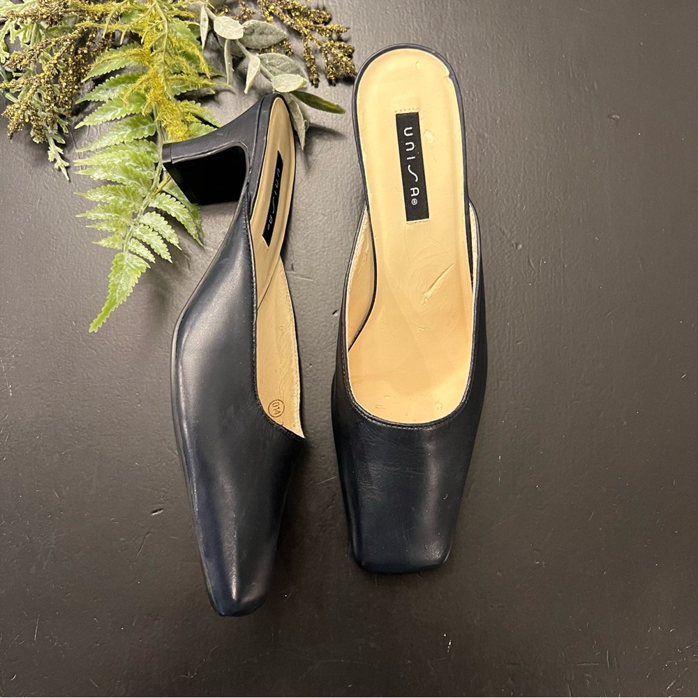 Unisa Navy Blue Leather Slip On Square Toe Block Heel Mules 7.5 B Made In Brazil